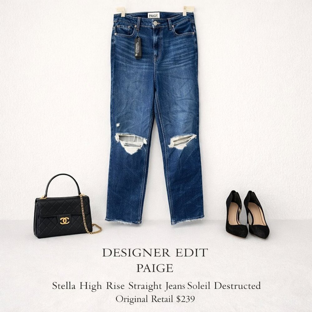 NWT PAIGE Stella High Rise Straight Jeans 32 Soleil Destructed